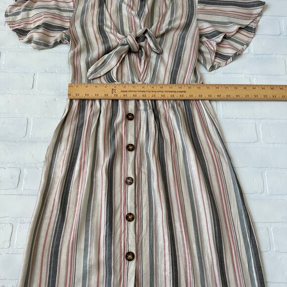 Mimi Chica Beige Multi Colored Striped Tie Front Button Down midi Dress-sz L - Picture 4 of 6